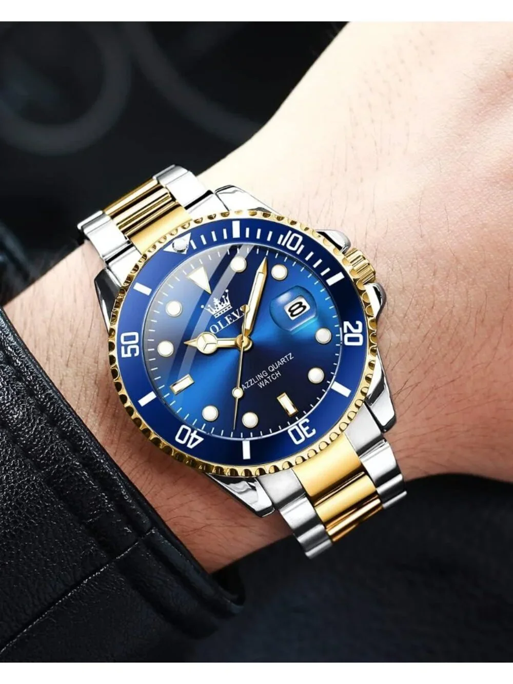 Men's Blue Premium Gold and Silver Stainless Analog Rotatable Round Steel Watch